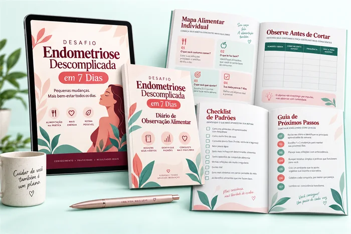 Mockup com materiais do Desafio Endometriose Descomplicada