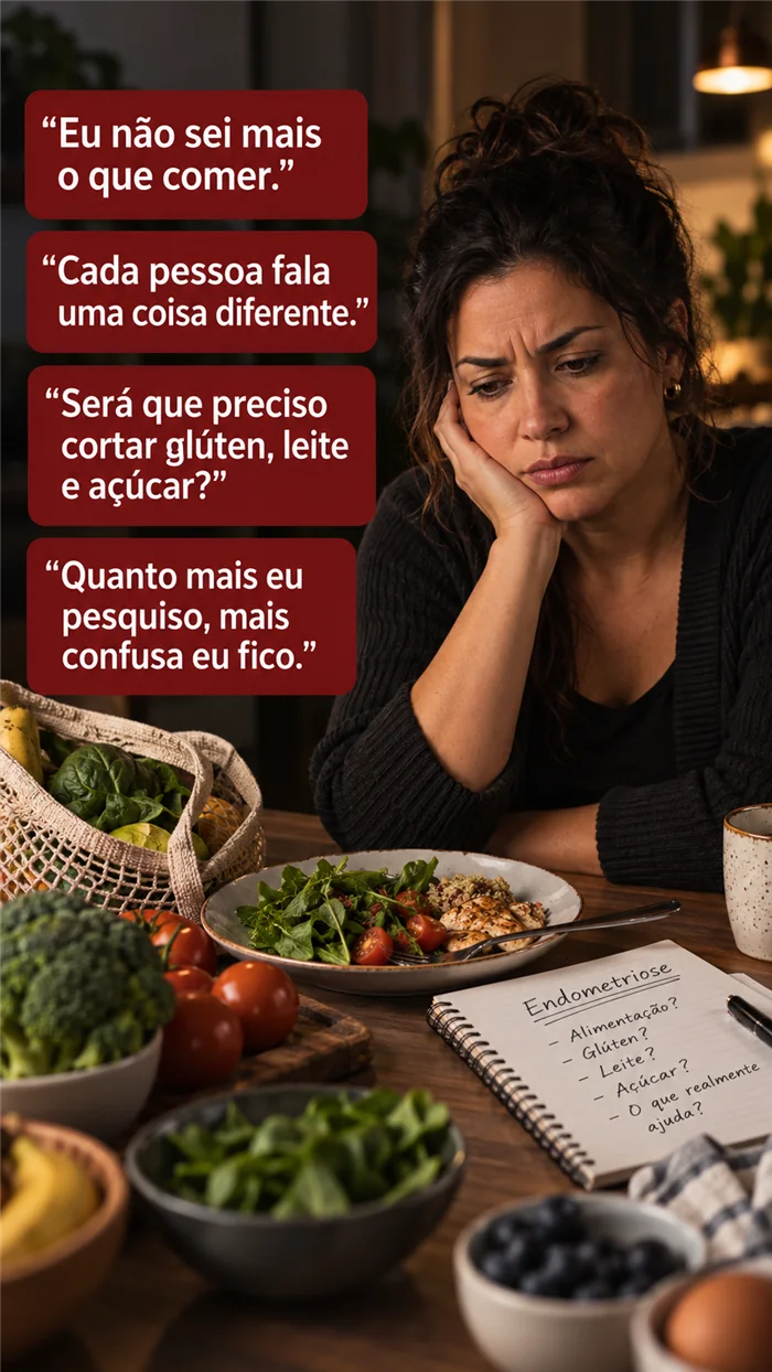 Mulher refletindo sobre alimentação e endometriose